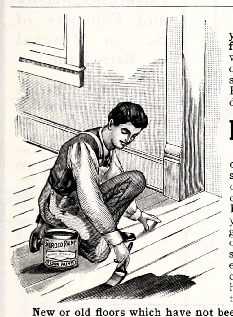 An illustration from Seroco paints : ready mixed house, barn, carriage, wagon and implement paints, shingle stains and preservatives, varnishes of every kind ... painters, glaziers and calciminers tools and supplies., 1915, leaf 7