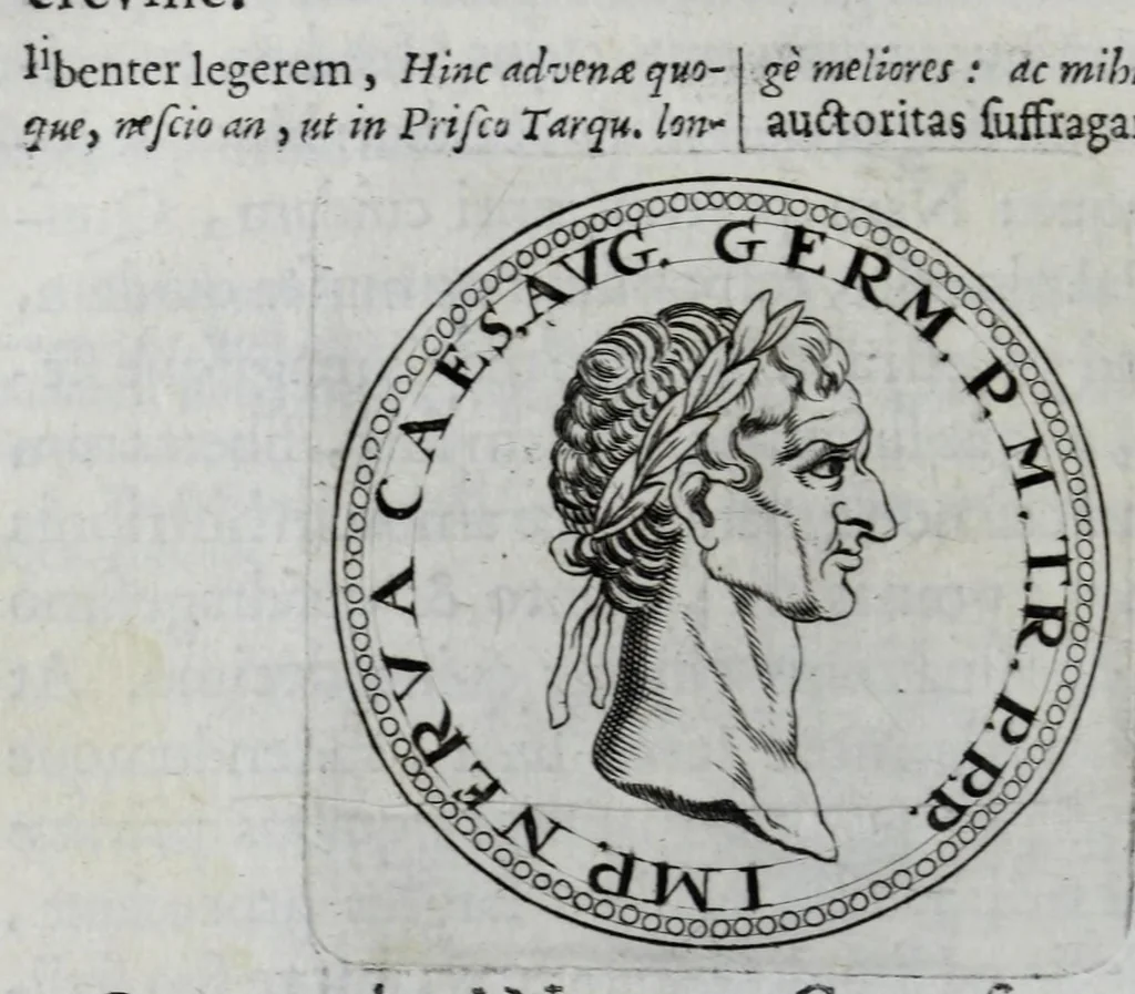 An illustration from Sex. Aurelii Victoria Historiae Romanae breviarium, cum Schotti, Machanei, Vineti, Lipsii, Casauboni, Gruteri &c. integris notis, 1670, leaf 274