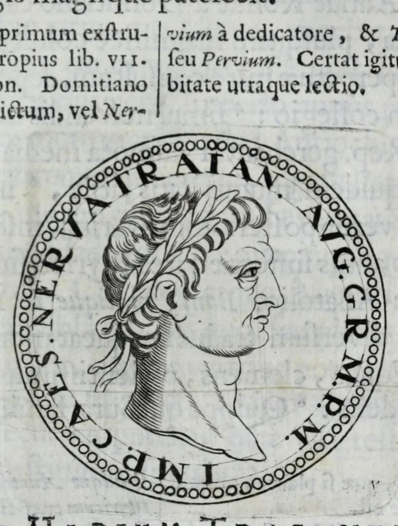 An illustration from Sex. Aurelii Victoria Historiae Romanae breviarium, cum Schotti, Machanei, Vineti, Lipsii, Casauboni, Gruteri &c. integris notis, 1670, leaf 275