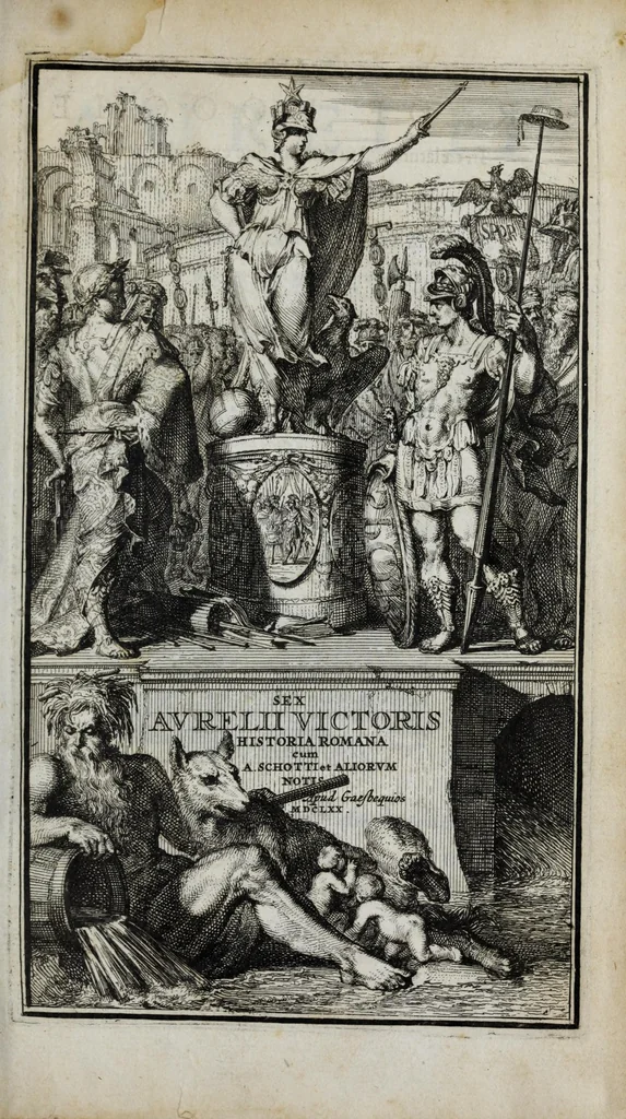 An illustration from Sex. Aurelii Victoria Historiae Romanae breviarium, cum Schotti, Machanei, Vineti, Lipsii, Casauboni, Gruteri &c. integris notis, 1670, leaf 9