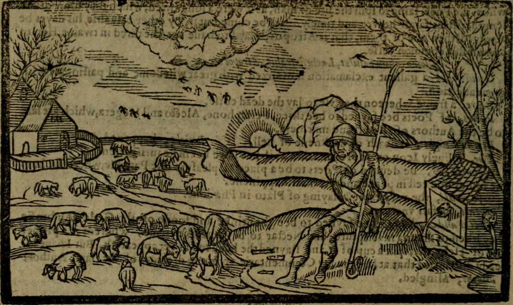 An illustration from The shepheardes calender : conteining twelue aeglogues proportionable to the twelue monethes : Entitled to the noble and vertuous gentleman most worthie of all titles, both of learning and chiualry, Maister Philip Sidney, 1586, leaf 107
