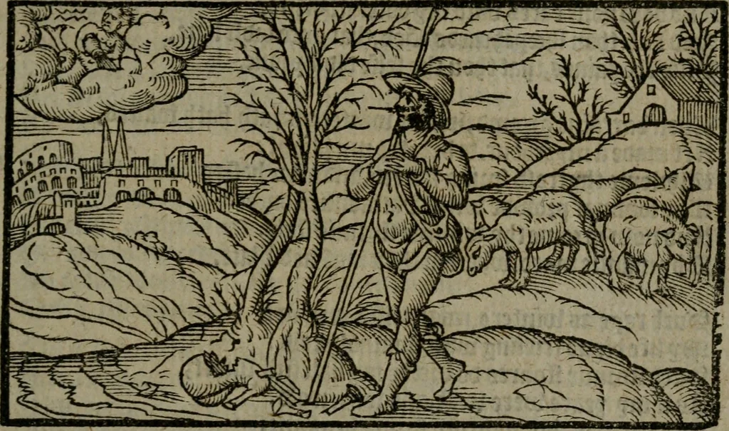 An illustration from The shepheardes calender : conteining twelue aeglogues proportionable to the twelue monethes : Entitled to the noble and vertuous gentleman most worthie of all titles, both of learning and chiualry, Maister Philip Sidney, 1586, leaf 14