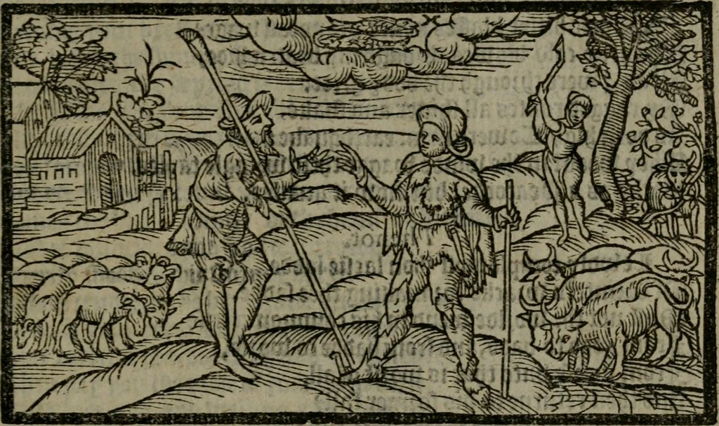 An illustration from The shepheardes calender : conteining twelue aeglogues proportionable to the twelue monethes : Entitled to the noble and vertuous gentleman most worthie of all titles, both of learning and chiualry, Maister Philip Sidney, 1586, leaf 18