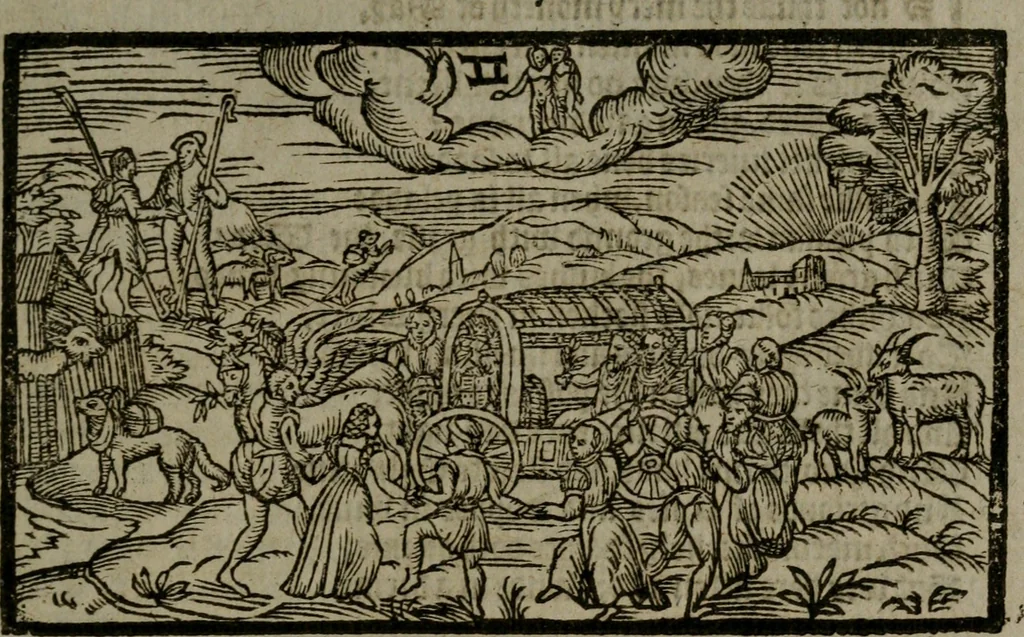 An illustration from The shepheardes calender : conteining twelue aeglogues proportionable to the twelue monethes : Entitled to the noble and vertuous gentleman most worthie of all titles, both of learning and chiualry, Maister Philip Sidney, 1586, leaf 42