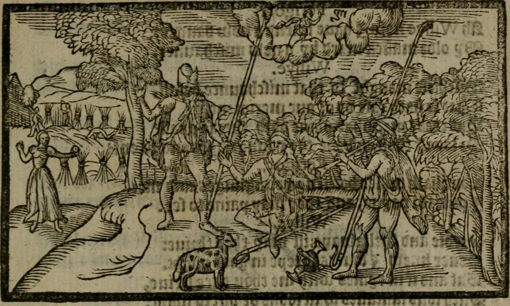 An illustration from The shepheardes calender : conteining twelue aeglogues proportionable to the twelue monethes : Entitled to the noble and vertuous gentleman most worthie of all titles, both of learning and chiualry, Maister Philip Sidney, 1586, leaf 72