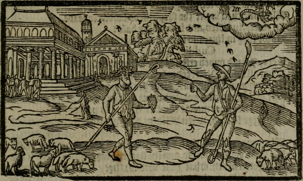 An illustration from The shepheardes calender : conteining twelue aeglogues proportionable to the twelue monethes : Entitled to the noble and vertuous gentleman most worthie of all titles, both of learning and chiualry, Maister Philip Sidney, 1586, leaf 90