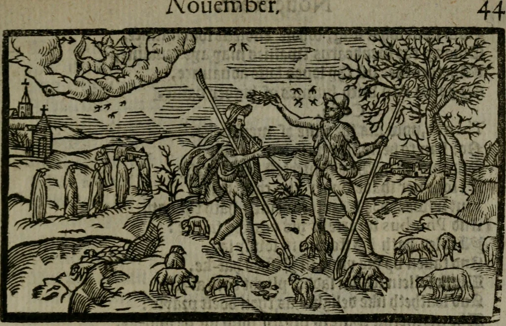 An illustration from The shepheardes calender : conteining twelue aeglogues proportionable to the twelue monethes : Entitled to the noble and vertuous gentleman most worthie of all titles, both of learning and chiualry, Maister Philip Sidney, 1586, leaf 98