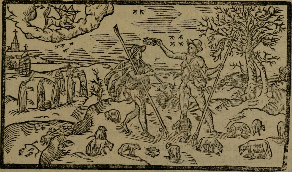 An illustration from The shepheards calender : conteyning twelue aeglogues, proportionable to the twelue moneths : entituled, to the noble and vertuous gentleman, most worthy of all tytles, both of learning and chiualrie, Maister Philip Sidney, 1597, leaf 100