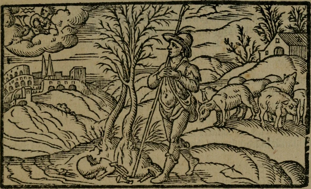 An illustration from The shepheards calender : conteyning twelue aeglogues, proportionable to the twelue moneths : entituled, to the noble and vertuous gentleman, most worthy of all tytles, both of learning and chiualrie, Maister Philip Sidney, 1597, leaf 16