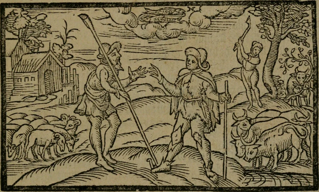 An illustration from The shepheards calender : conteyning twelue aeglogues, proportionable to the twelue moneths : entituled, to the noble and vertuous gentleman, most worthy of all tytles, both of learning and chiualrie, Maister Philip Sidney, 1597, leaf 20