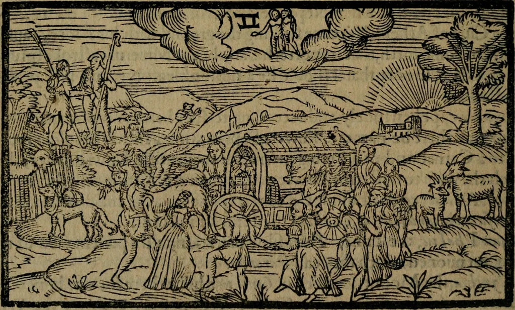 An illustration from The shepheards calender : conteyning twelue aeglogues, proportionable to the twelue moneths : entituled, to the noble and vertuous gentleman, most worthy of all tytles, both of learning and chiualrie, Maister Philip Sidney, 1597, leaf 45