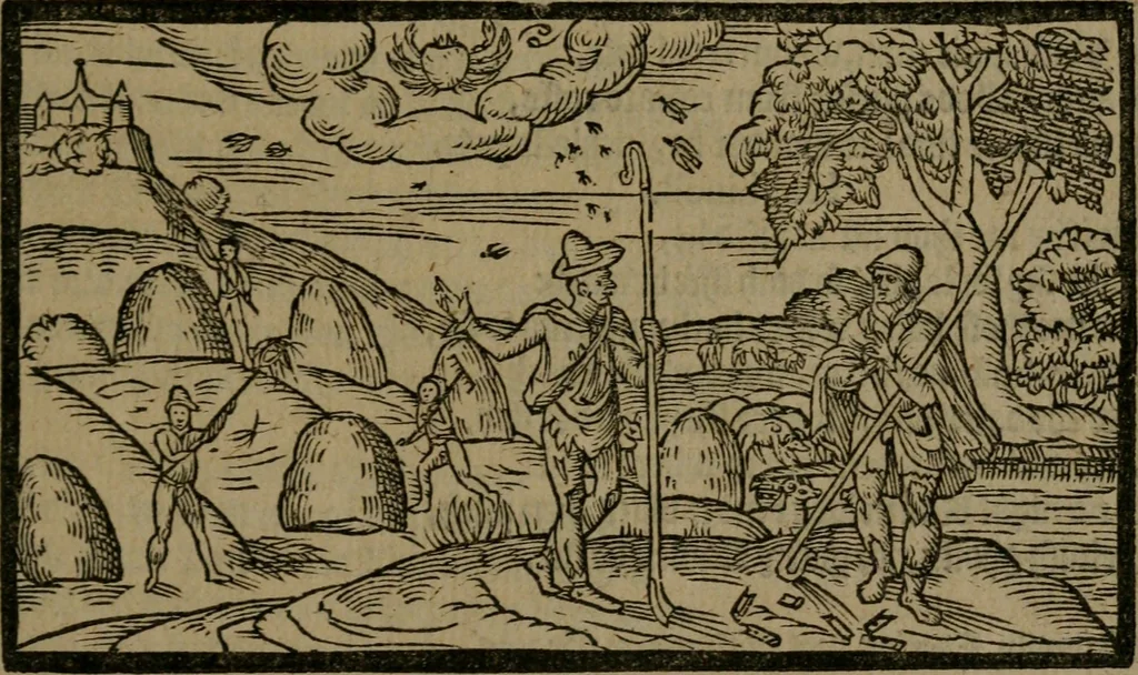 An illustration from The shepheards calender : conteyning twelue aeglogues, proportionable to the twelue moneths : entituled, to the noble and vertuous gentleman, most worthy of all tytles, both of learning and chiualrie, Maister Philip Sidney, 1597, leaf 58