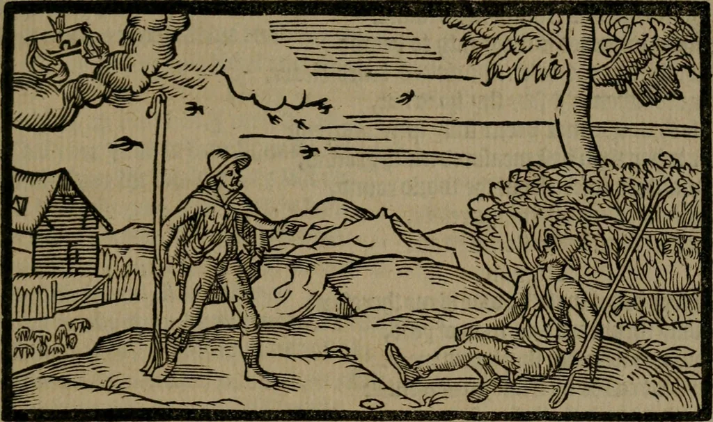 An illustration from The shepheards calender : conteyning twelue aeglogues, proportionable to the twelue moneths : entituled, to the noble and vertuous gentleman, most worthy of all tytles, both of learning and chiualrie, Maister Philip Sidney, 1597, leaf 82