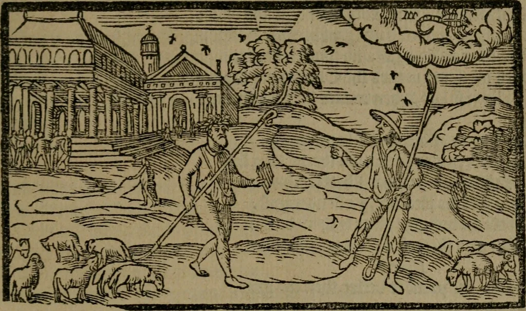 An illustration from The shepheards calender : conteyning twelue aeglogues, proportionable to the twelue moneths : entituled, to the noble and vertuous gentleman, most worthy of all tytles, both of learning and chiualrie, Maister Philip Sidney, 1597, leaf 92