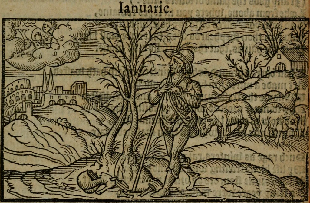 An illustration from The shepheards calender : conteining twelue æglogues proportionable to the twelue monthes : entituled, to the noble and vertuous gentleman, most worthie of all titles, both of learning and chiualry, Maister Philip Sidney, 1591, leaf 14