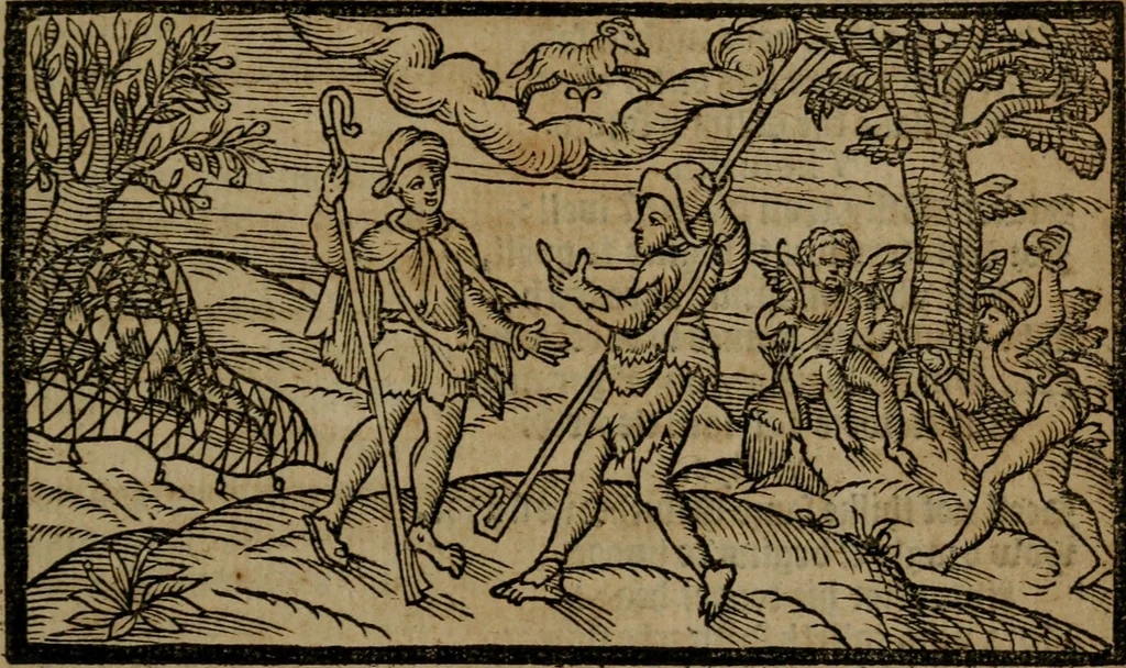 An illustration from The shepheards calender : conteining twelue æglogues proportionable to the twelue monthes : entituled, to the noble and vertuous gentleman, most worthie of all titles, both of learning and chiualry, Maister Philip Sidney, 1591, leaf 26