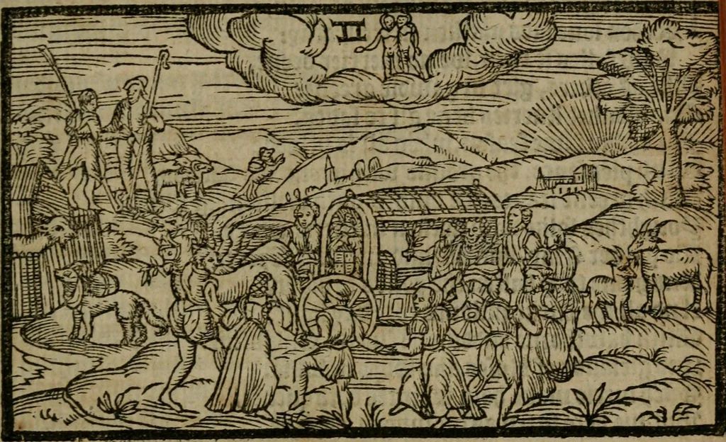 An illustration from The shepheards calender : conteining twelue æglogues proportionable to the twelue monthes : entituled, to the noble and vertuous gentleman, most worthie of all titles, both of learning and chiualry, Maister Philip Sidney, 1591, leaf 42