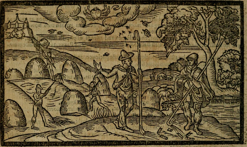 An illustration from The shepheards calender : conteining twelue æglogues proportionable to the twelue monthes : entituled, to the noble and vertuous gentleman, most worthie of all titles, both of learning and chiualry, Maister Philip Sidney, 1591, leaf 55