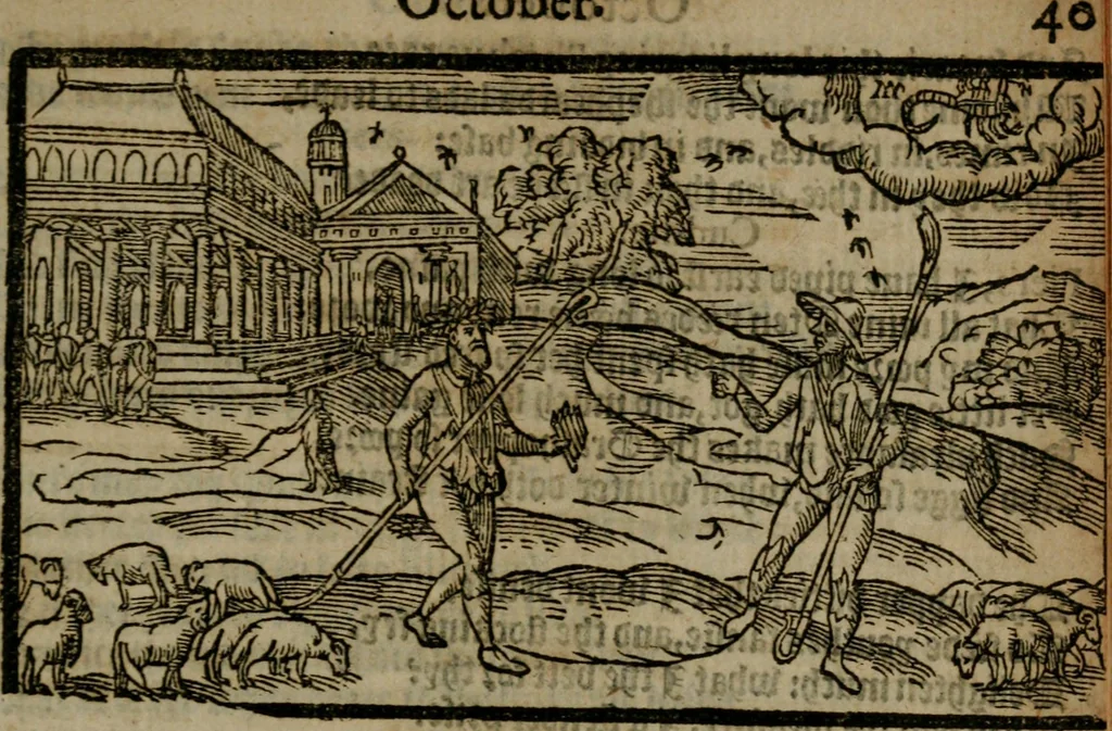 An illustration from The shepheards calender : conteining twelue æglogues proportionable to the twelue monthes : entituled, to the noble and vertuous gentleman, most worthie of all titles, both of learning and chiualry, Maister Philip Sidney, 1591, leaf 88
