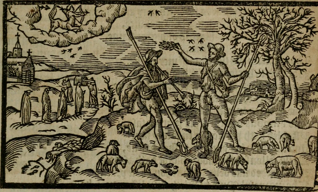 An illustration from The shepheards calender : conteining twelue æglogues proportionable to the twelue monthes : entituled, to the noble and vertuous gentleman, most worthie of all titles, both of learning and chiualry, Maister Philip Sidney, 1591, leaf 96