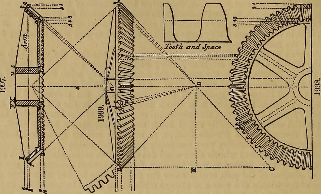 An illustration from A short treatise on the designing and construction of gearing and mill-work. Accompanied by an explanation of the construction and use of the odontograph of Prof. Willis .., 1873, leaf 17