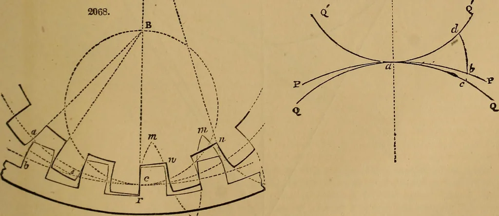 An illustration from A short treatise on the designing and construction of gearing and mill-work. Accompanied by an explanation of the construction and use of the odontograph of Prof. Willis .., 1873, leaf 58