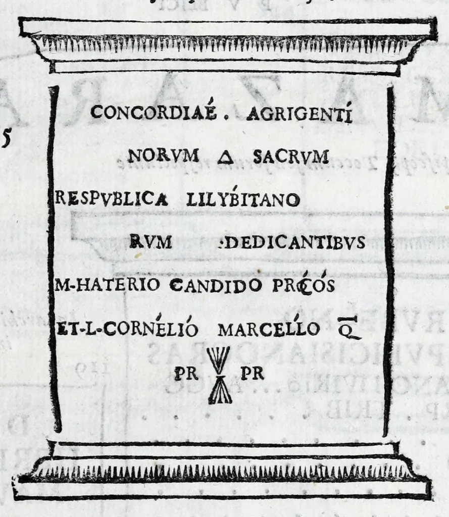 An illustration from Siciliae antiqvae tabvlae littorales latvs orientale Messana : in summo templo tutelae D. Mariae dicato prope sacrarium, iuxta secundum intercolumnium in lapide Granito-Siculo columella bicubitalis aquam lustralem sustinens, 1625, leaf 25