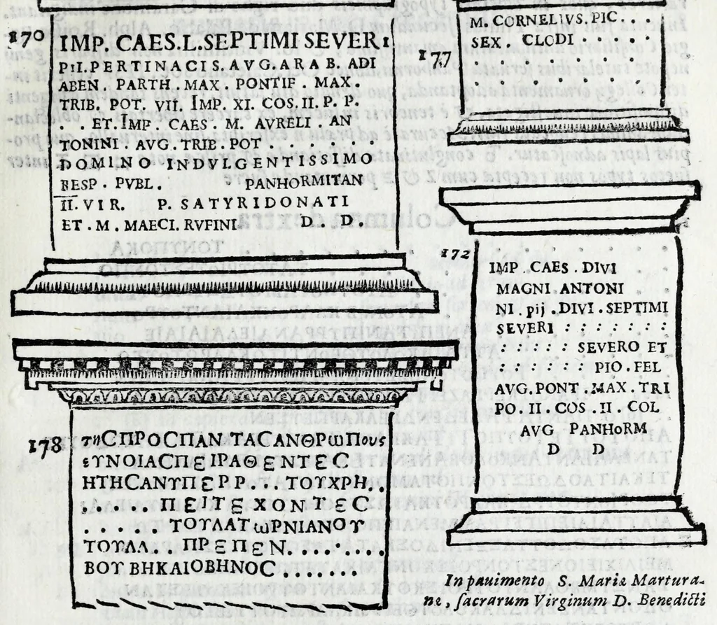 An illustration from Siciliae antiqvae tabvlae littorales latvs orientale Messana : in summo templo tutelae D. Mariae dicato prope sacrarium, iuxta secundum intercolumnium in lapide Granito-Siculo columella bicubitalis aquam lustralem sustinens, 1625, leaf 35
