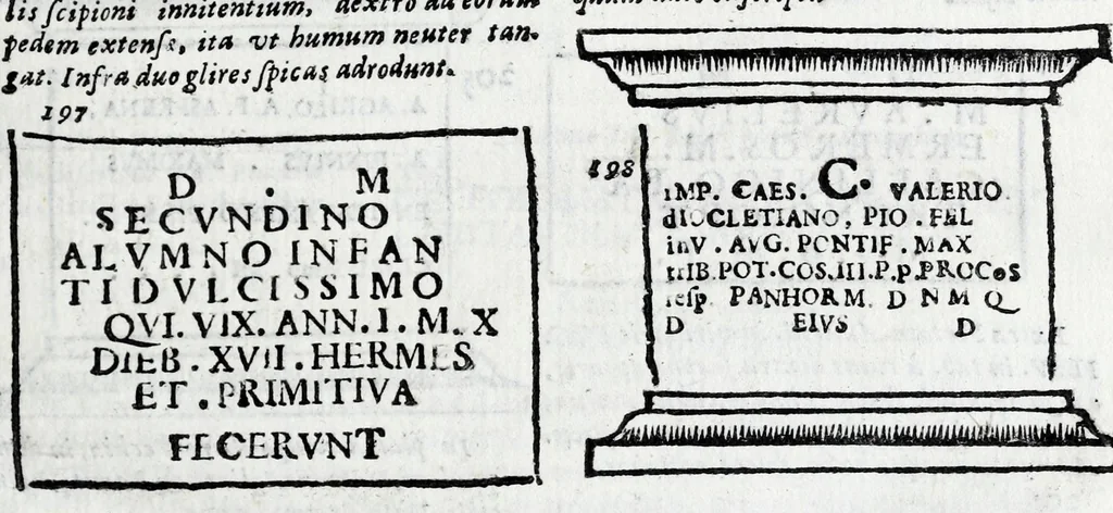 An illustration from Siciliae antiqvae tabvlae littorales latvs orientale Messana : in summo templo tutelae D. Mariae dicato prope sacrarium, iuxta secundum intercolumnium in lapide Granito-Siculo columella bicubitalis aquam lustralem sustinens, 1625, leaf 47