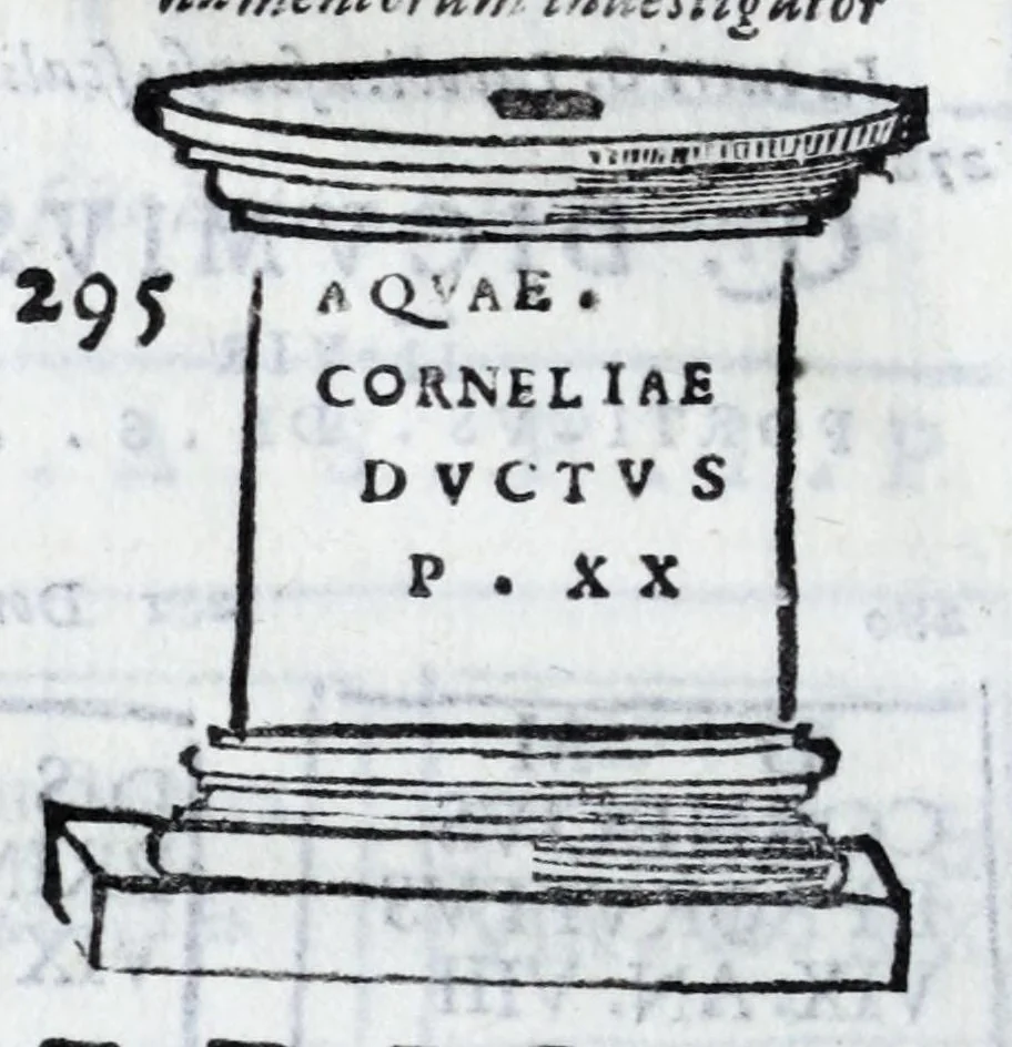 An illustration from Siciliae antiqvae tabvlae littorales latvs orientale Messana : in summo templo tutelae D. Mariae dicato prope sacrarium, iuxta secundum intercolumnium in lapide Granito-Siculo columella bicubitalis aquam lustralem sustinens, 1625, leaf 58