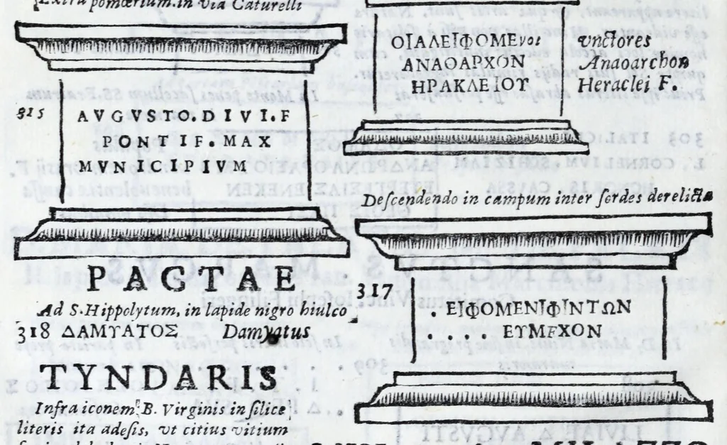 An illustration from Siciliae antiqvae tabvlae littorales latvs orientale Messana : in summo templo tutelae D. Mariae dicato prope sacrarium, iuxta secundum intercolumnium in lapide Granito-Siculo columella bicubitalis aquam lustralem sustinens, 1625, leaf 62