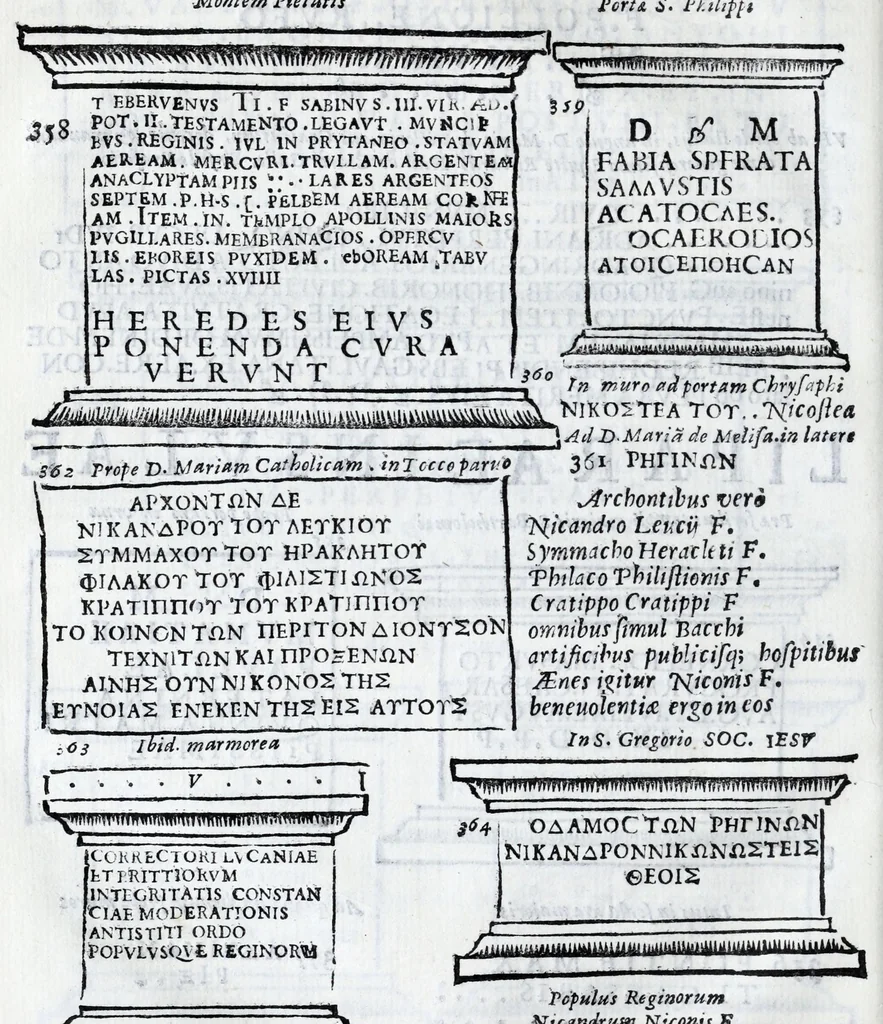 An illustration from Siciliae antiqvae tabvlae littorales latvs orientale Messana : in summo templo tutelae D. Mariae dicato prope sacrarium, iuxta secundum intercolumnium in lapide Granito-Siculo columella bicubitalis aquam lustralem sustinens, 1625, leaf 70