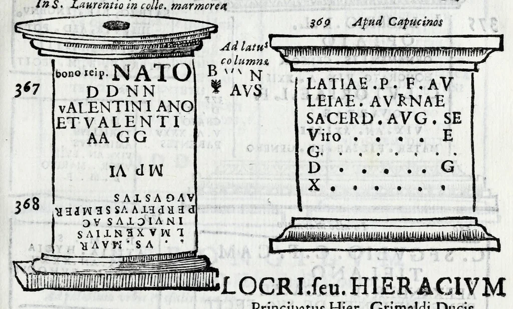 An illustration from Siciliae antiqvae tabvlae littorales latvs orientale Messana : in summo templo tutelae D. Mariae dicato prope sacrarium, iuxta secundum intercolumnium in lapide Granito-Siculo columella bicubitalis aquam lustralem sustinens, 1625, leaf 71