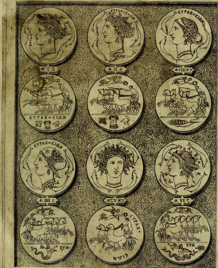 An illustration from Sicilia et Magna Graecia, sive, Historiae vrbivm et popvlorvm Graeciae ex antiqvis nomismatibvs liber primus[-secundus], 1644, leaf 12