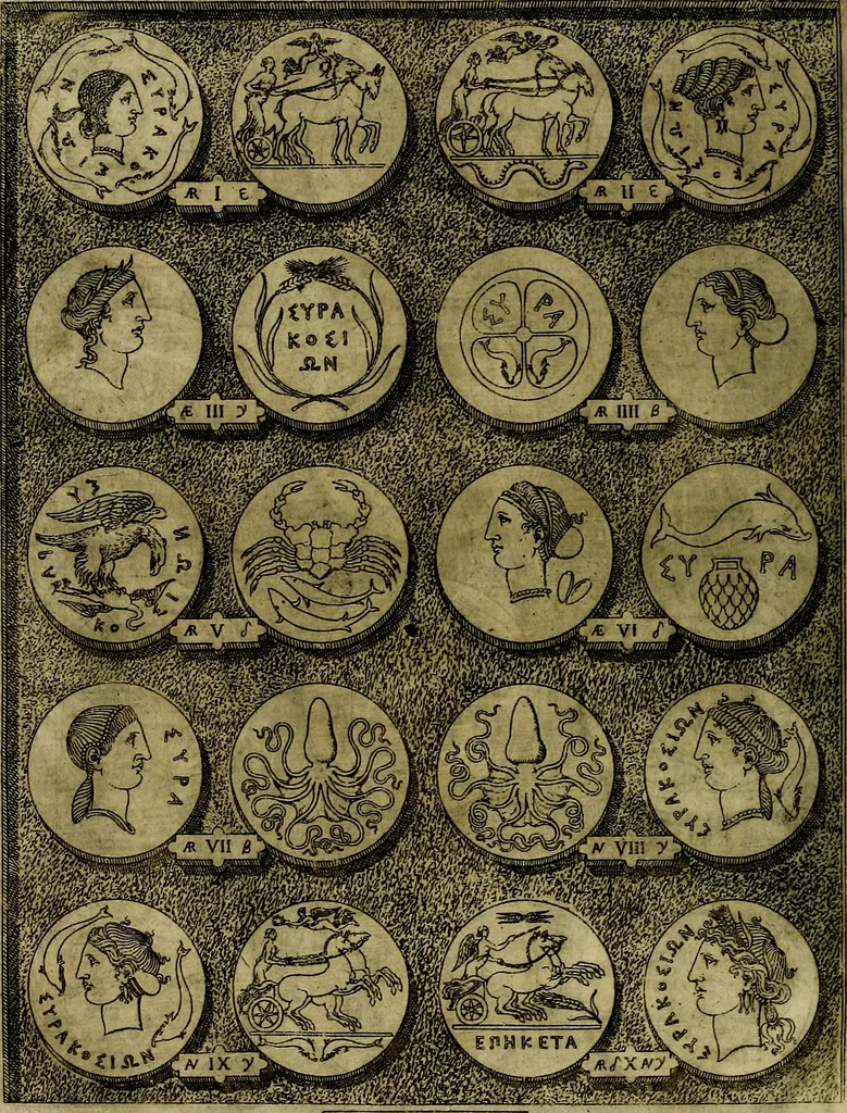 An illustration from Sicilia et Magna Graecia, sive, Historiae vrbivm et popvlorvm Graeciae ex antiqvis nomismatibvs liber primus[-secundus], 1644, leaf 13