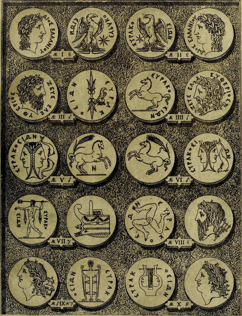 An illustration from Sicilia et Magna Graecia, sive, Historiae vrbivm et popvlorvm Graeciae ex antiqvis nomismatibvs liber primus[-secundus], 1644, leaf 14