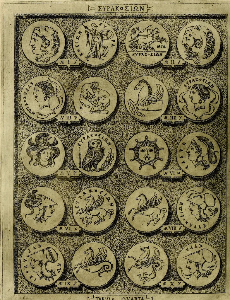 An illustration from Sicilia et Magna Graecia, sive, Historiae vrbivm et popvlorvm Graeciae ex antiqvis nomismatibvs liber primus[-secundus], 1644, leaf 15