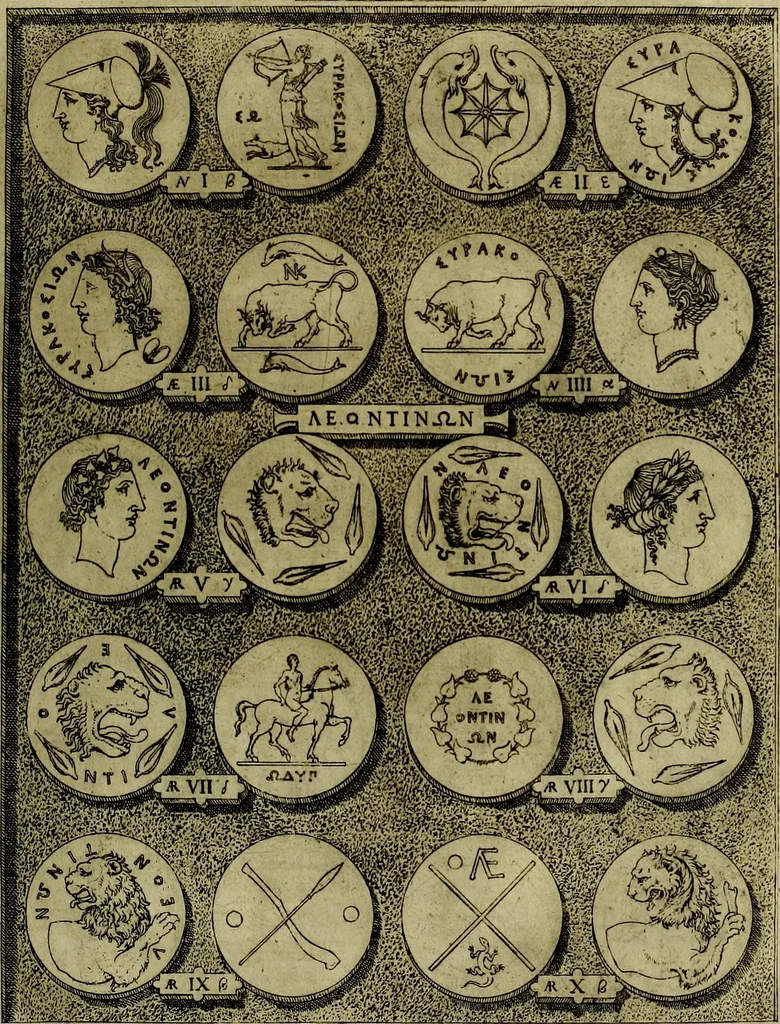 An illustration from Sicilia et Magna Graecia, sive, Historiae vrbivm et popvlorvm Graeciae ex antiqvis nomismatibvs liber primus[-secundus], 1644, leaf 16