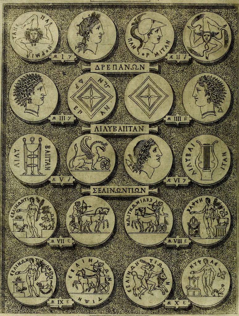 An illustration from Sicilia et Magna Graecia, sive, Historiae vrbivm et popvlorvm Graeciae ex antiqvis nomismatibvs liber primus[-secundus], 1644, leaf 17
