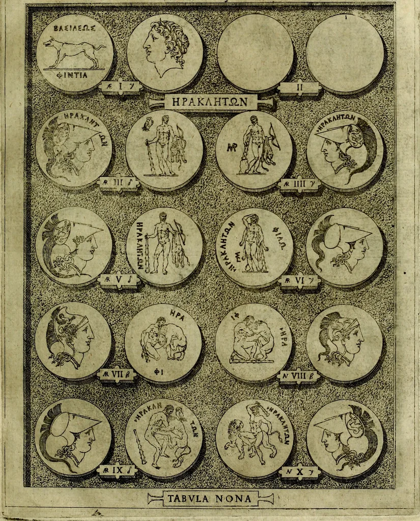 An illustration from Sicilia et Magna Graecia, sive, Historiae vrbivm et popvlorvm Graeciae ex antiqvis nomismatibvs liber primus[-secundus], 1644, leaf 18