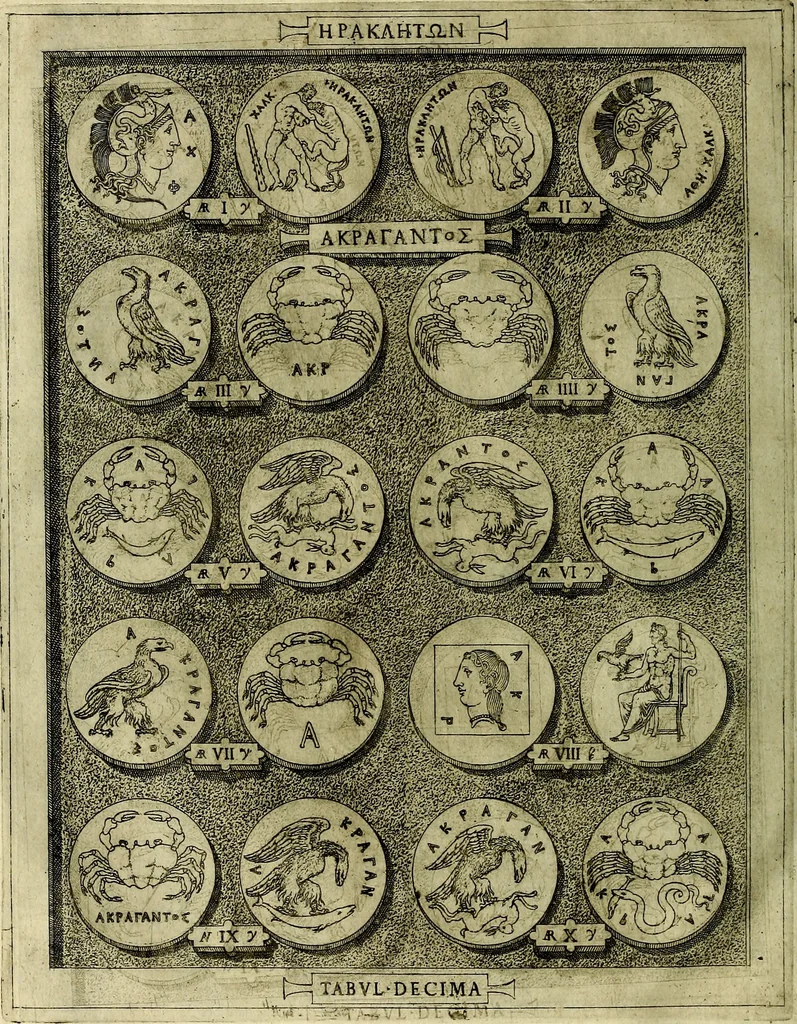 An illustration from Sicilia et Magna Graecia, sive, Historiae vrbivm et popvlorvm Graeciae ex antiqvis nomismatibvs liber primus[-secundus], 1644, leaf 19
