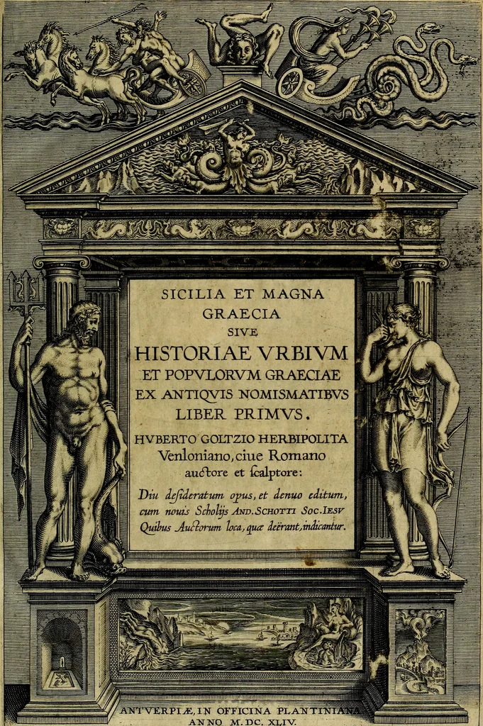 An illustration from Sicilia et Magna Graecia, sive, Historiae vrbivm et popvlorvm Graeciae ex antiqvis nomismatibvs liber primus[-secundus], 1644, leaf 2
