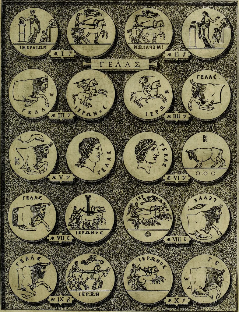 An illustration from Sicilia et Magna Graecia, sive, Historiae vrbivm et popvlorvm Graeciae ex antiqvis nomismatibvs liber primus[-secundus], 1644, leaf 20