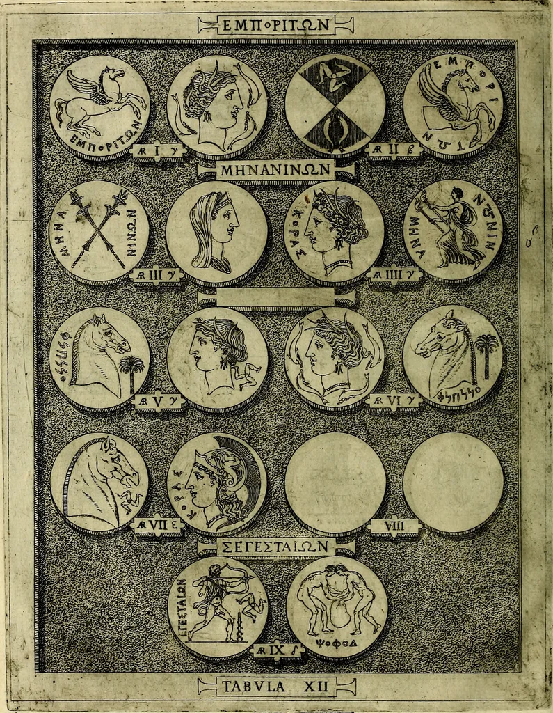 An illustration from Sicilia et Magna Graecia, sive, Historiae vrbivm et popvlorvm Graeciae ex antiqvis nomismatibvs liber primus[-secundus], 1644, leaf 21
