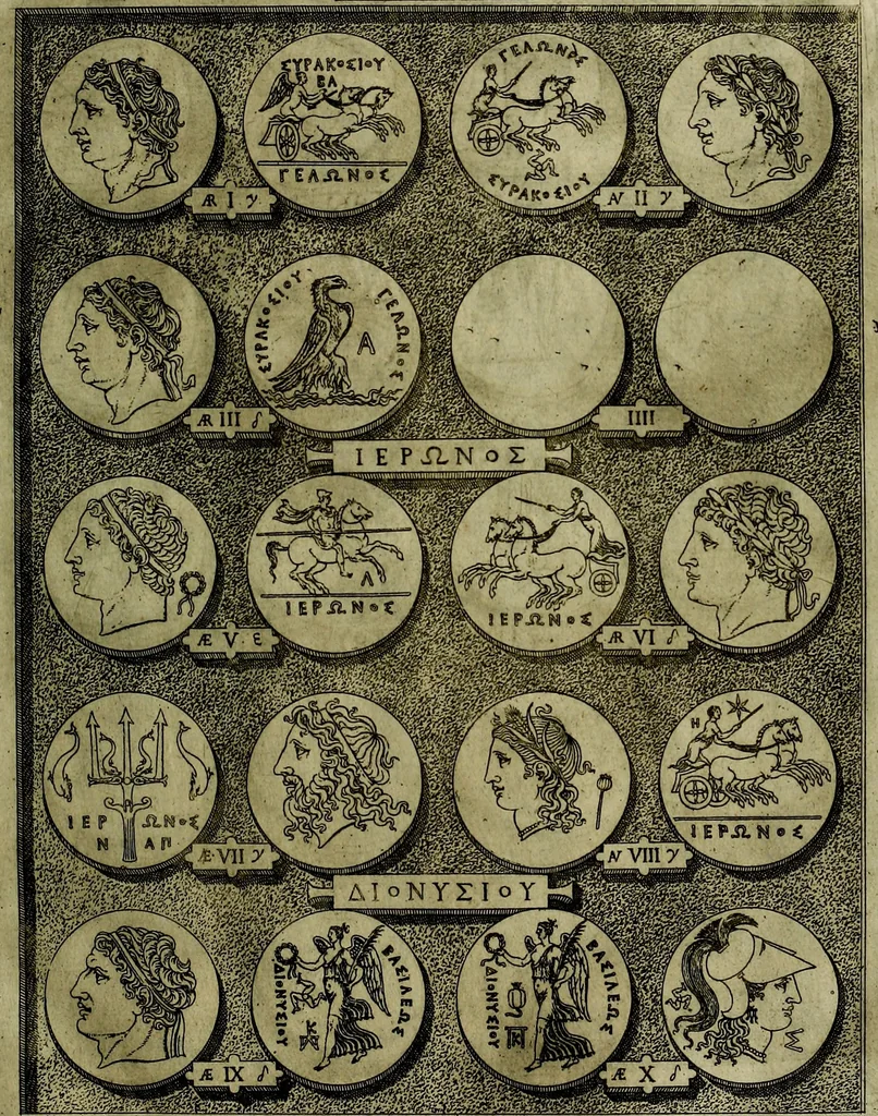 An illustration from Sicilia et Magna Graecia, sive, Historiae vrbivm et popvlorvm Graeciae ex antiqvis nomismatibvs liber primus[-secundus], 1644, leaf 22