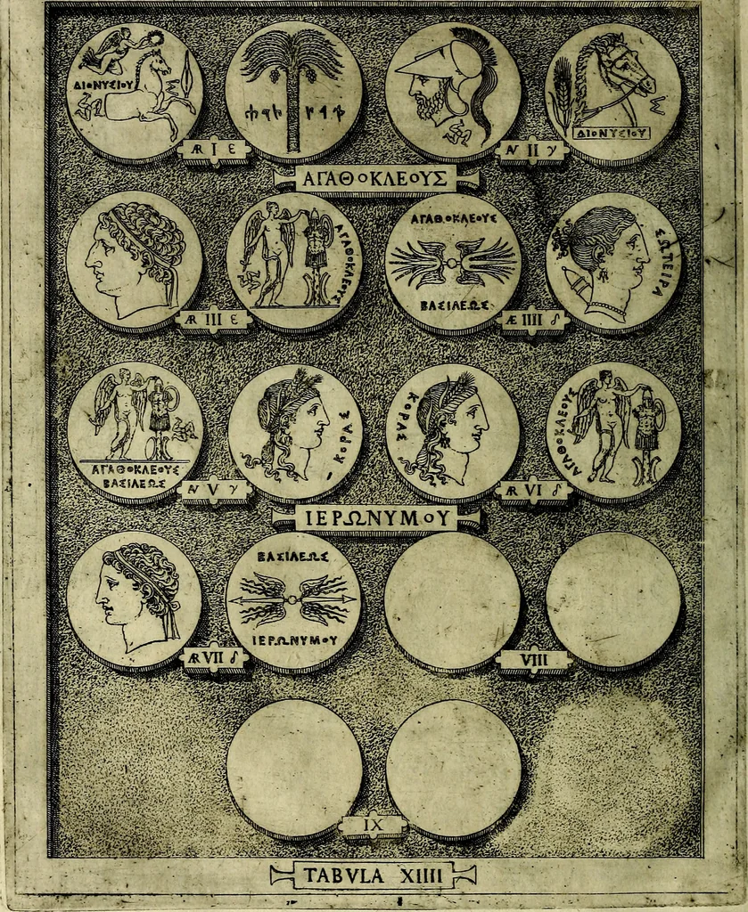 An illustration from Sicilia et Magna Graecia, sive, Historiae vrbivm et popvlorvm Graeciae ex antiqvis nomismatibvs liber primus[-secundus], 1644, leaf 23