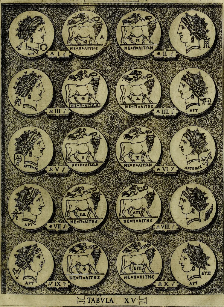 An illustration from Sicilia et Magna Graecia, sive, Historiae vrbivm et popvlorvm Graeciae ex antiqvis nomismatibvs liber primus[-secundus], 1644, leaf 24