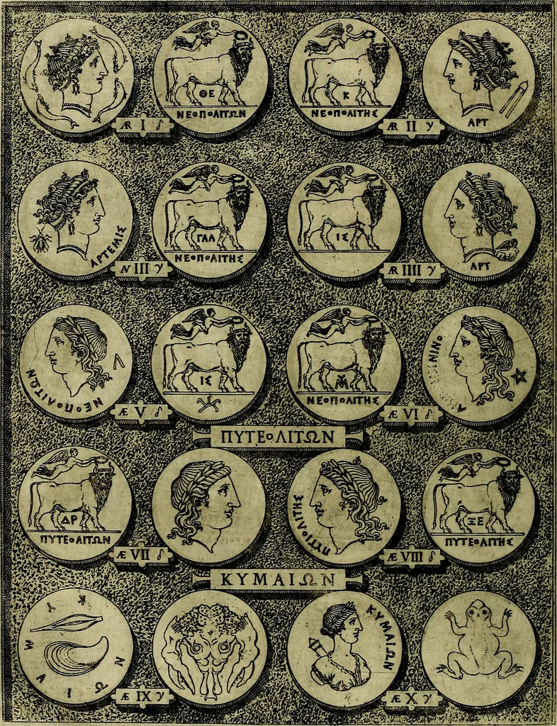 An illustration from Sicilia et Magna Graecia, sive, Historiae vrbivm et popvlorvm Graeciae ex antiqvis nomismatibvs liber primus[-secundus], 1644, leaf 25