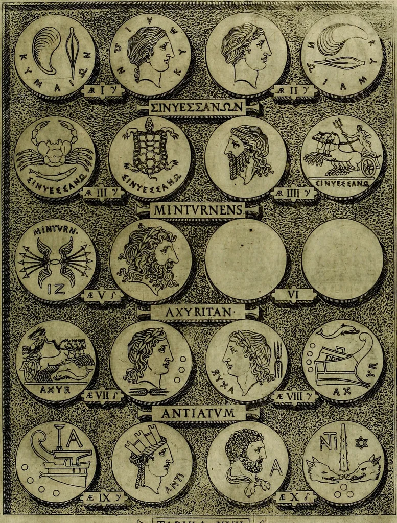 An illustration from Sicilia et Magna Graecia, sive, Historiae vrbivm et popvlorvm Graeciae ex antiqvis nomismatibvs liber primus[-secundus], 1644, leaf 26