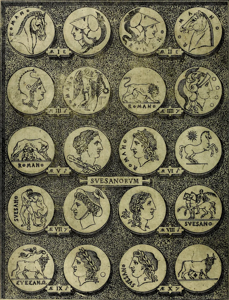 An illustration from Sicilia et Magna Graecia, sive, Historiae vrbivm et popvlorvm Graeciae ex antiqvis nomismatibvs liber primus[-secundus], 1644, leaf 27